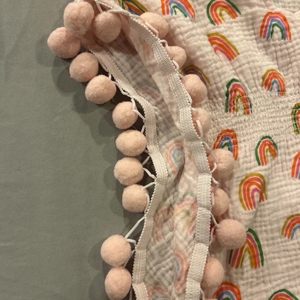 Mud Pie Baby Girls Dress 12–18M‎ Pink Rainbows Muslin Cotton Pom Trim Summer